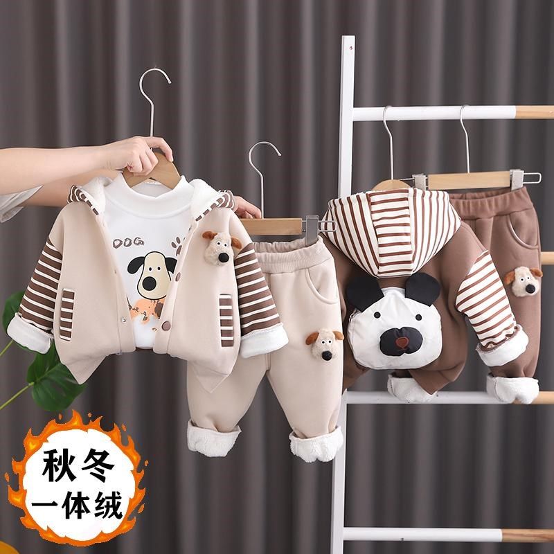 男童加绒套装宝宝秋冬季一体绒三件套H婴儿童洋气休闲棒球服冬装