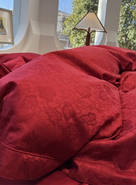 100支长绒棉大红色提花新叶婚庆床上四件套1.5m1S.8米全棉裸睡丝