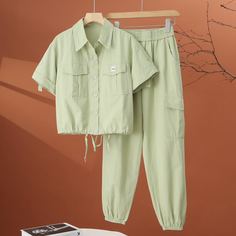 小个子工装套装女夏季薄款2v025新款时尚洋气休闲女士束脚裤两件