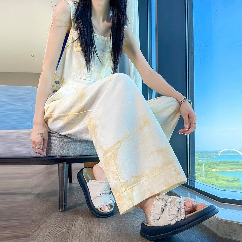 减龄扎染阔腿牛仔背带裤女t夏季薄款2025新款宽松休闲显瘦连体长