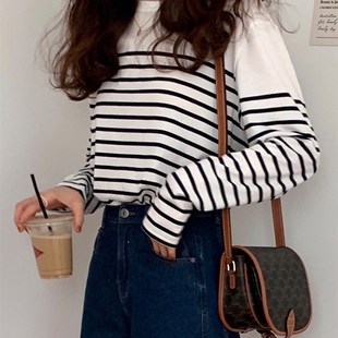 叠穿万能打底条纹t套头衫 素町24早秋款 条纹T恤女拼接圆C领衫