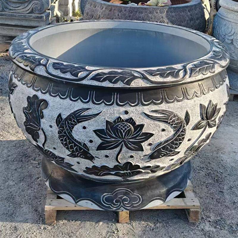 石雕鱼缸青石别墅花园石雕花岗岩圆形庭院中式养鱼水缸厂家供应