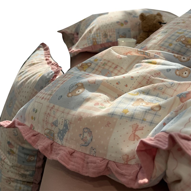 奶油花边少女粉格草n莓熊床上四件套全棉1.5m被套床单三件套