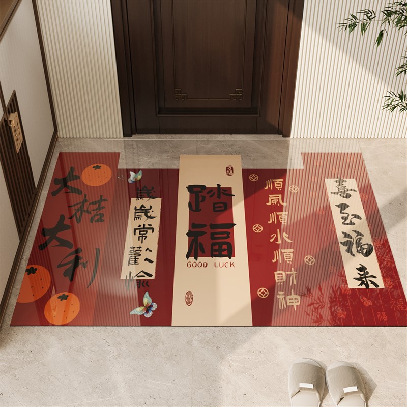 入户门地垫软玻璃透明防滑脚垫红色喜庆耐L脏除尘地毯可裁剪门垫