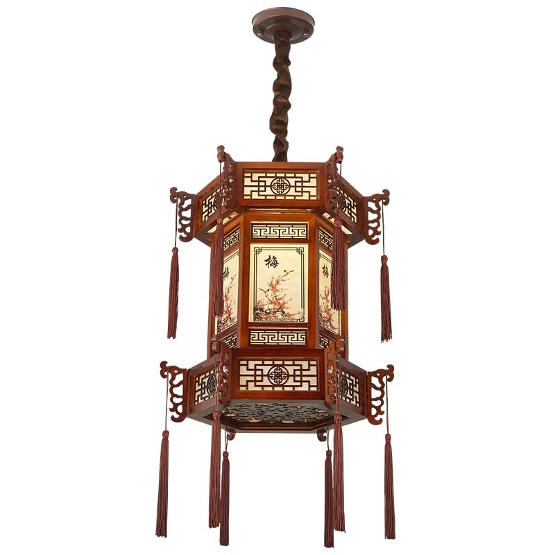 中式吊灯仿古餐厅茶楼实木羊皮火锅店六角宫灯古建筑凉亭走廊灯具