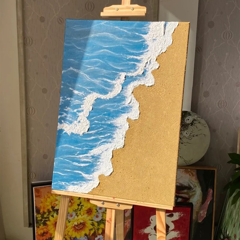 丙烯立体肌理画数字油画石英砂手工郁金香手绘装饰画粉色沙滩海洋图片