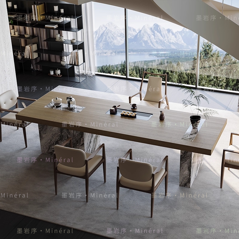 国家补贴2025新款意式黑胡桃木纹岩板茶台轻奢多功能茶桌椅组合