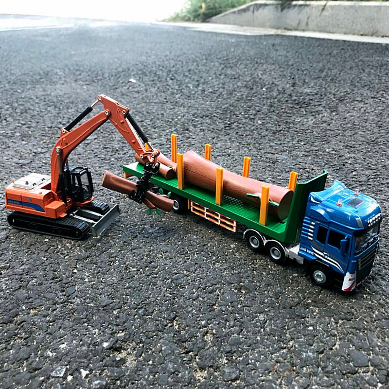 精邦1:50合金工程车抓木机抓木车半挂式木材运输卡车儿童工程车模