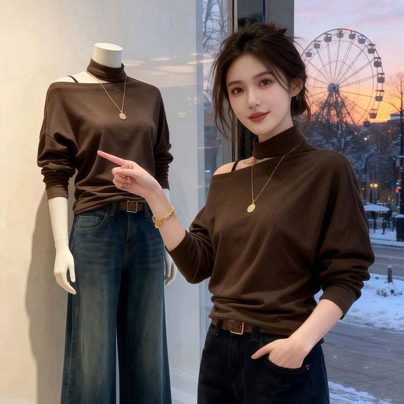 2026春款修身德绒韩版挂脖露肩打底衫长袖T恤女秋冬显瘦百搭上衣