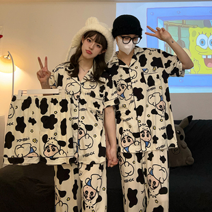 三件套装 可爱熊猫刺绣睡衣情侣装 纯棉短袖 一男一女夏季 家居服 薄款