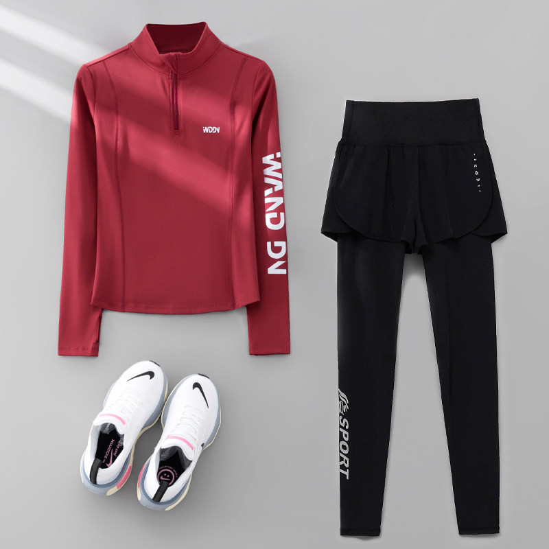 红色运动服女跑步套装春季健身房长袖速干衣户外羽毛球登山健身服