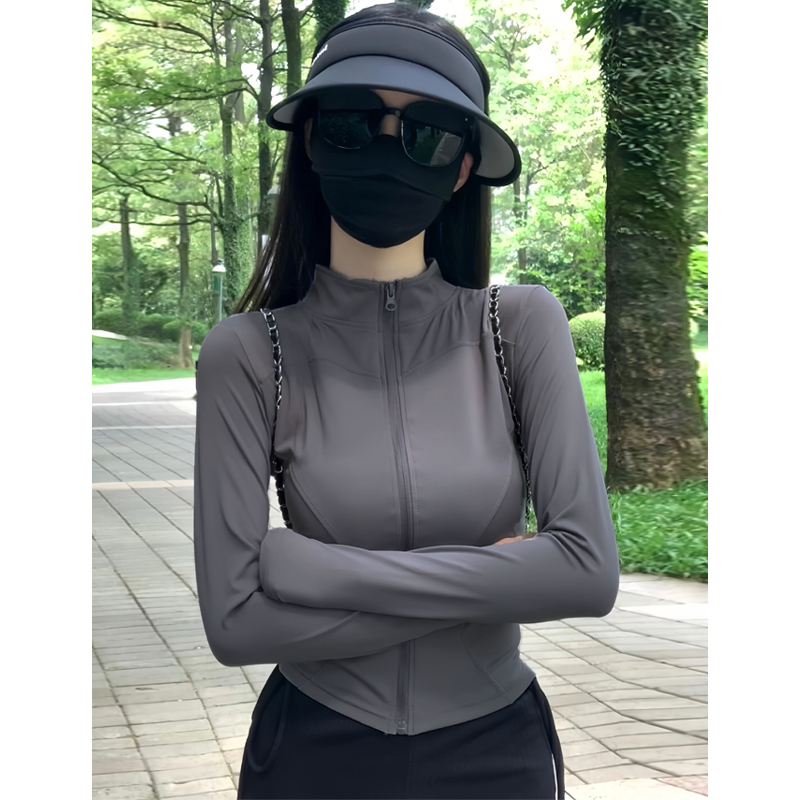 冰丝立领防晒衣女夏季2025新款灰色修身开衫外套瑜伽健身薄款上衣