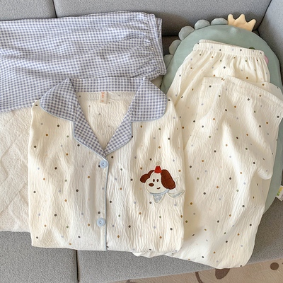 少女甜美波点小狗睡衣女款薄夏季纯棉纱布带胸垫家居服短袖三件套
