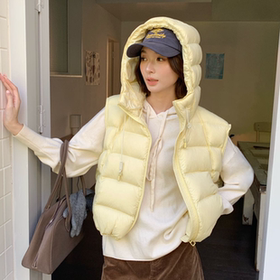 浙鸭韩系云朵奶包连帽羽绒马甲女2026秋冬新款宽松保暖白鸭绒外套