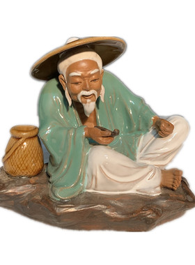 石湾公仔陶瓷摆件创意工艺品假山盘景鱼缸姜太公钓鱼摆件礼品渔翁