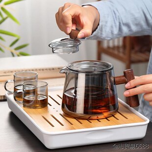 耐高温玻璃过滤煮茶壶玻璃茶具泡茶 玻璃茶壶家用木把l泡茶壶套装