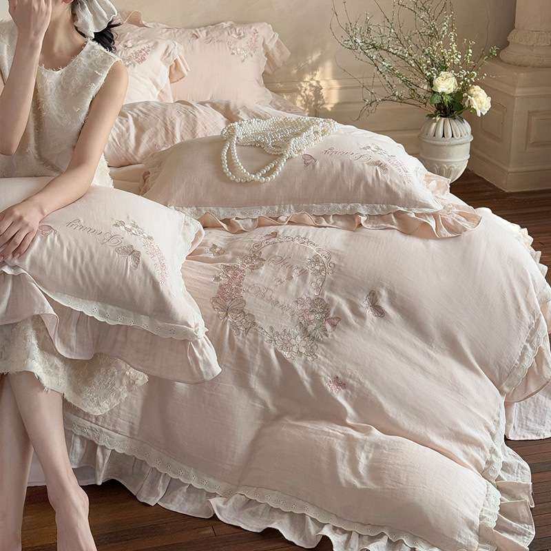 少女心粉色全棉皱皱纱四件套超柔刺绣花边纯棉被套高密度床上用品,电子元器件市场,其它元器件,淘宝优惠券,粉丝福利购,淘宝优惠卷