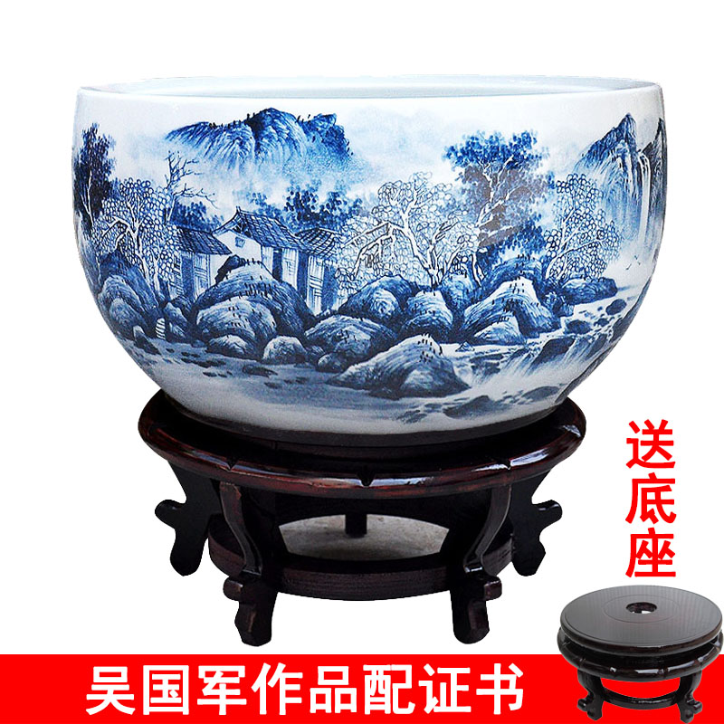 包邮手绘名师吴国军作品聚宝盆景德镇陶瓷器鱼缸乌龟缸睡莲书画缸