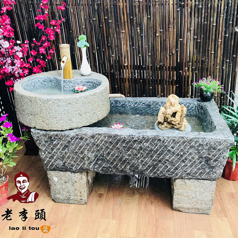 热卖老石槽鱼缸水槽室内流水组合青石旧牛槽马槽老石头庭院洗手盆