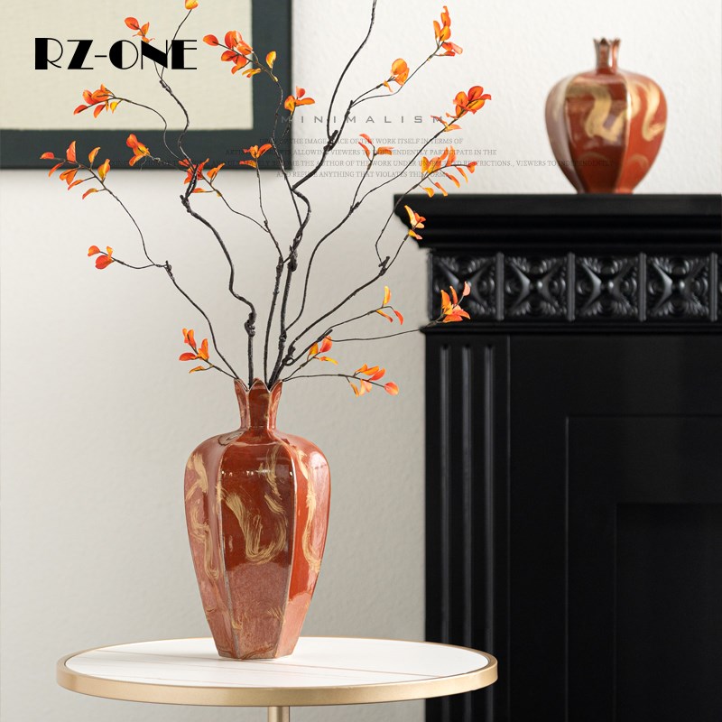 Rzone 新中式窑变雪红霁红釉陶瓷花瓶插花器中古客厅软装饰品摆件