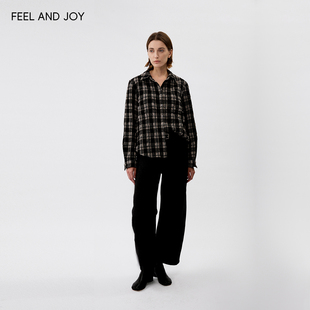 FEELANDJOY羊毛棉格子衬衫 舒适衬衣 女磨毛肌理皱感复古休闲长袖