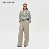 AND JOY春款 100%亚麻衬衫 FEEL 灰蓝格小众设计感衬衣 轻奢衬衣