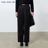AND 休闲裤 JOY黑色抓绒西装 FEEL 裤 女秋冬小众设计感厚款 直筒长裤