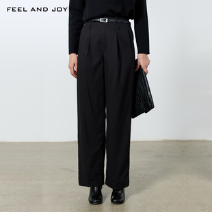 FEEL AND JOY黑色抓绒西装裤女秋冬小众设计感厚款休闲裤直筒长裤