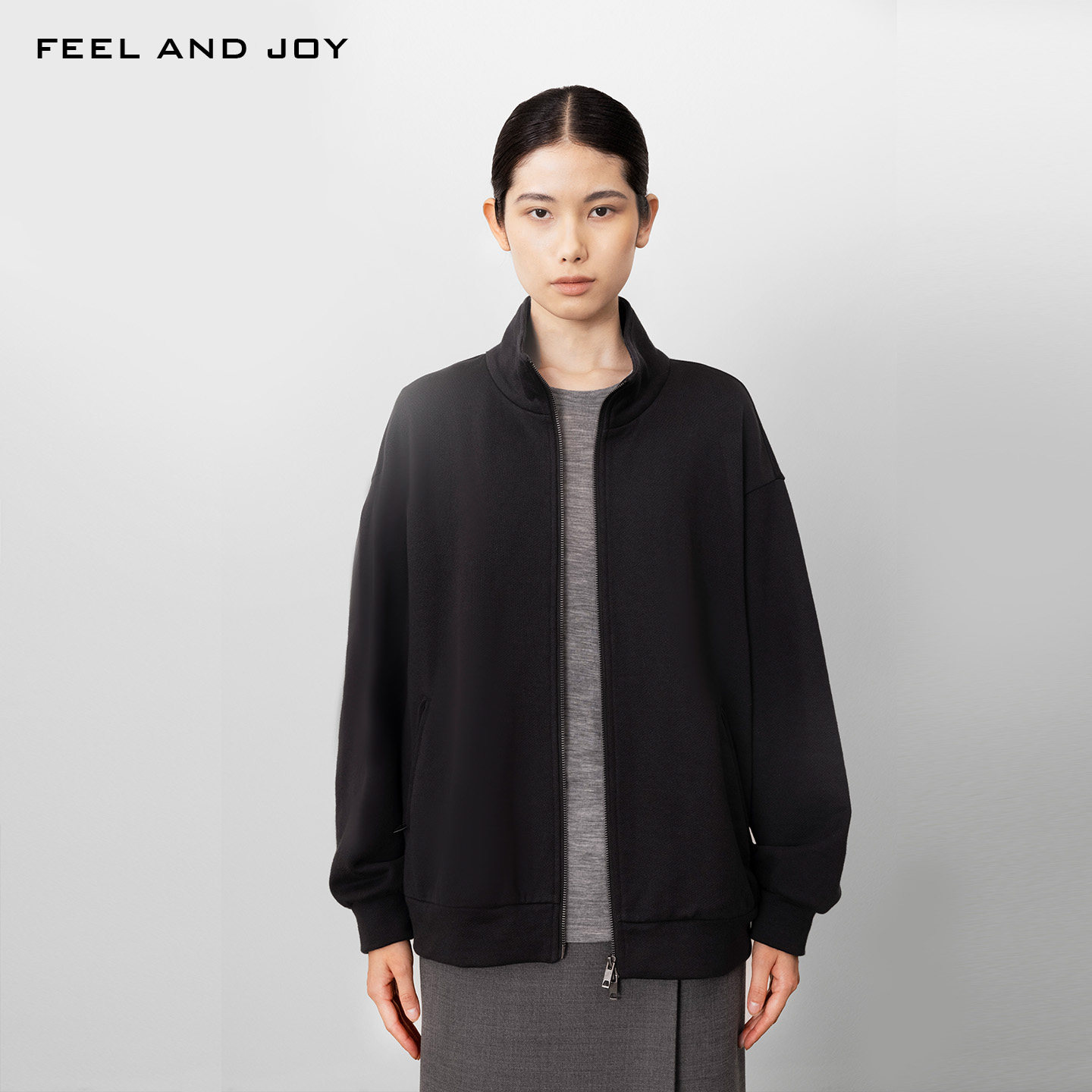 FEEL AND JOY经典高领拉链卫衣女精织棉+山羊绒宽松休闲开衫外套