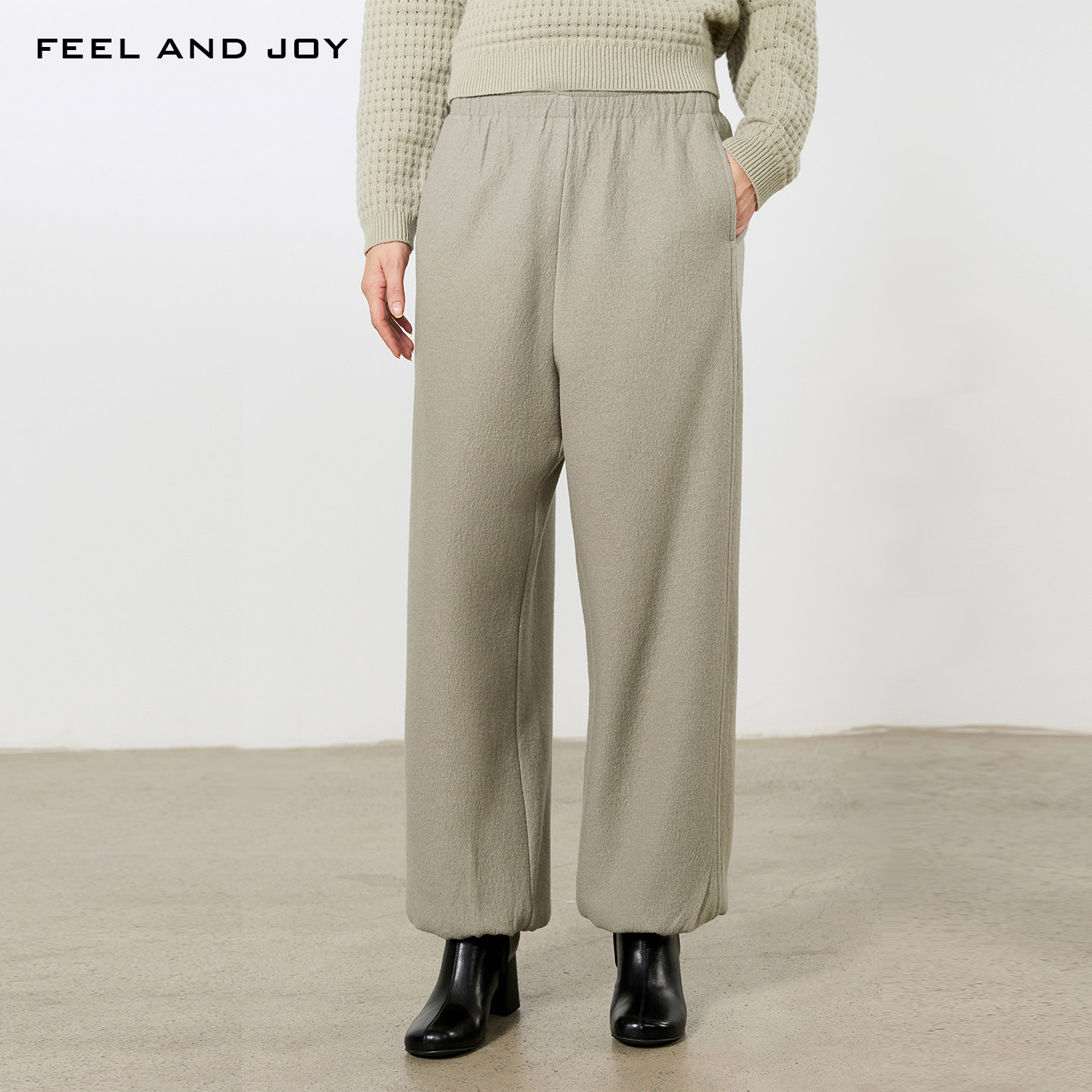 FEEL AND JOY100%进口澳毛休闲裤女秋冬宽松束脚新款美利奴卫裤