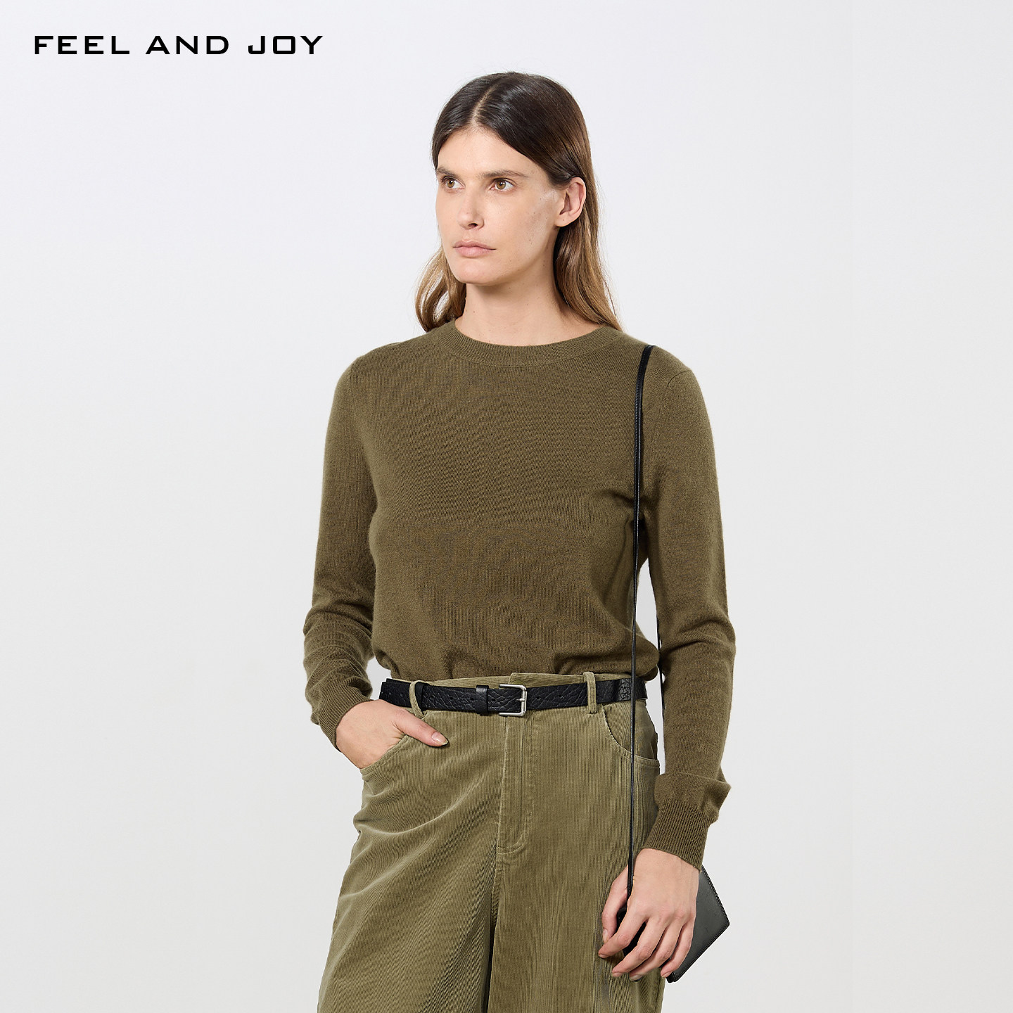 FEEL AND JOY圆领毛衣100%羊毛衫经典纯色极简风慵懒针织衫