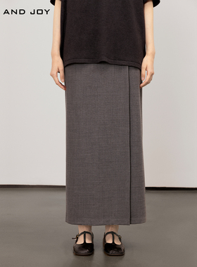 FEELANDJOY松紧腰羊毛混纺半身裙女灰色舒适斜门襟简约通勤长裙