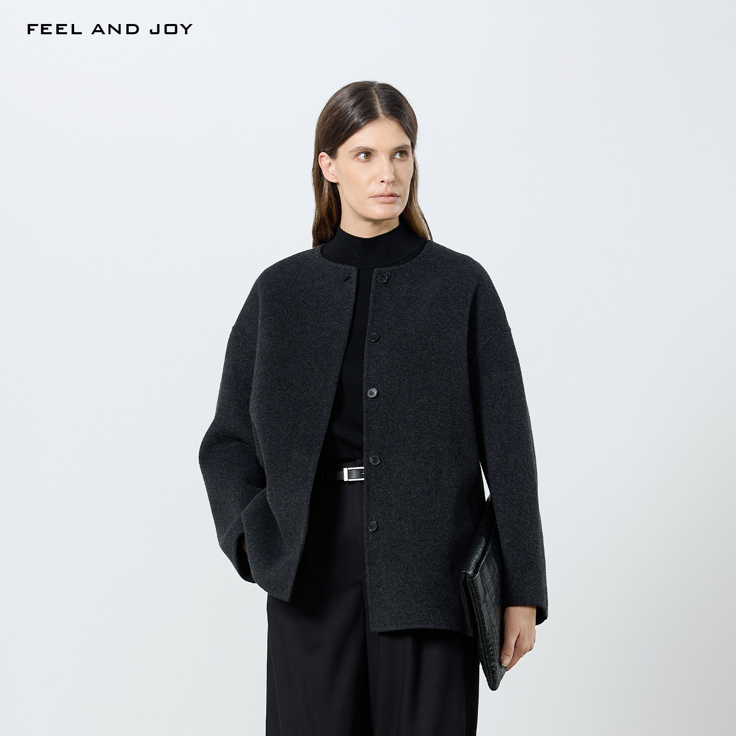 FEEL AND JOY2025新款100% 羊毛圆领呢大衣女秋冬宽松毛呢外套