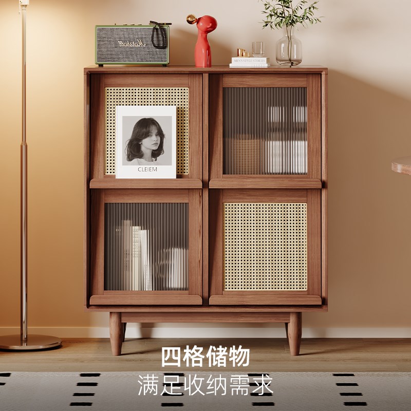 实木书柜收纳柜储物柜一体日式藤编杂志柜玻璃置物带柜门学生家用