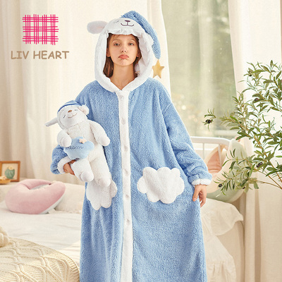 LIVHEARTx乐町安睡羊保暖睡衣带帽家居服套装冬季可外穿女生