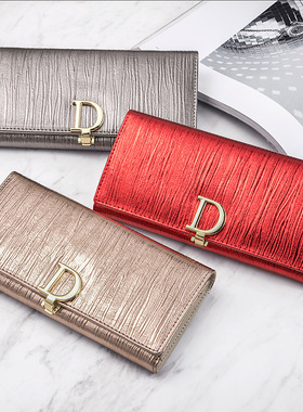 D扣牛皮钱包2025新款时尚女士网红长款真皮钱夹子欧美大容量高档