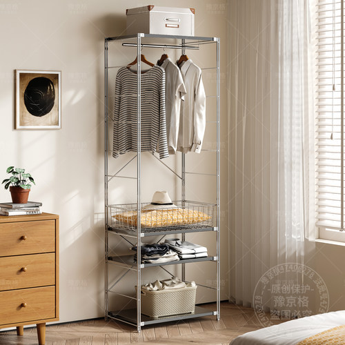 日式置物架落地衣帽架卧室开放衣柜玄关收纳不锈钢挂衣架收纳架
