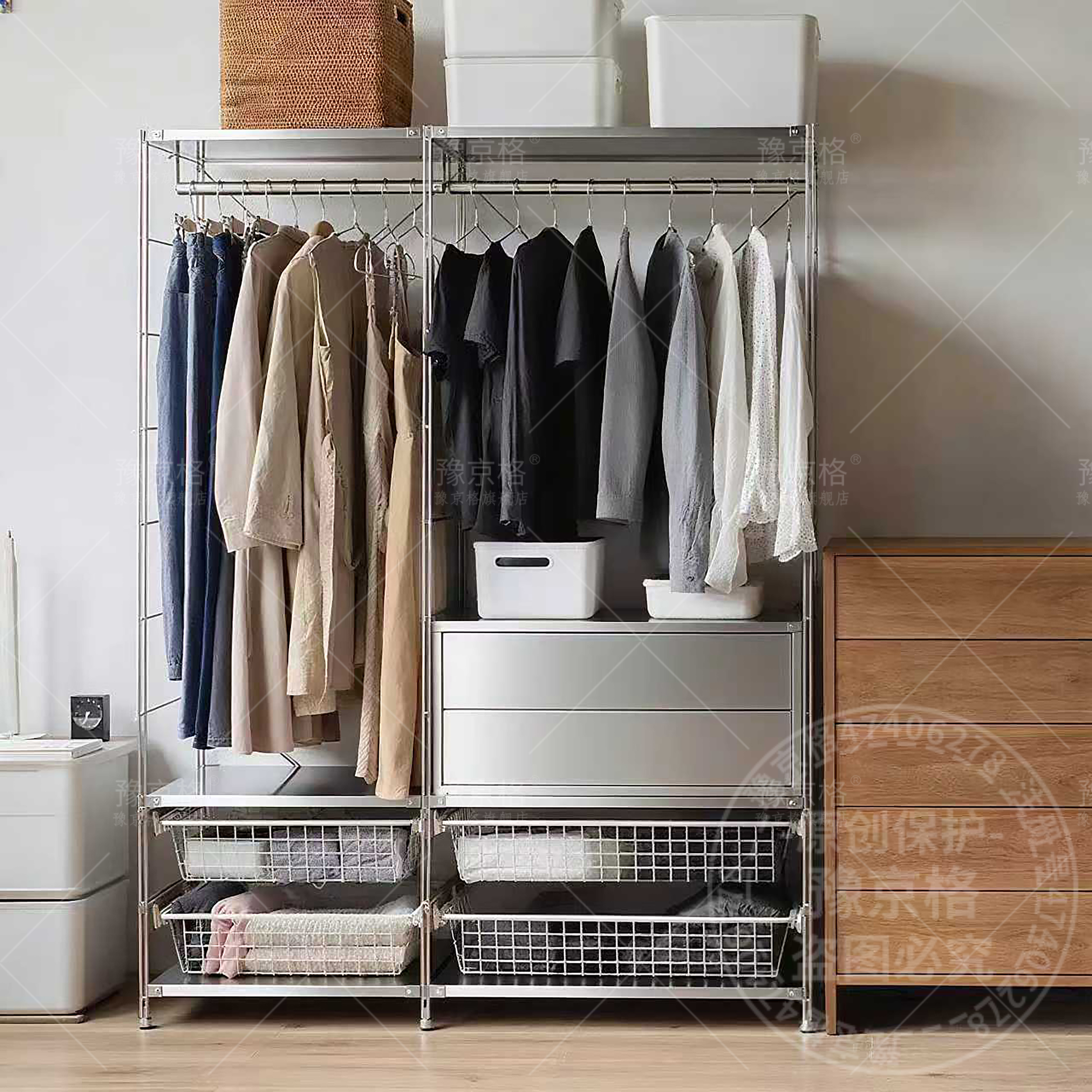 日式落地不锈钢衣帽架卧室开放衣柜阳台花盆架玄关收纳挂衣架子