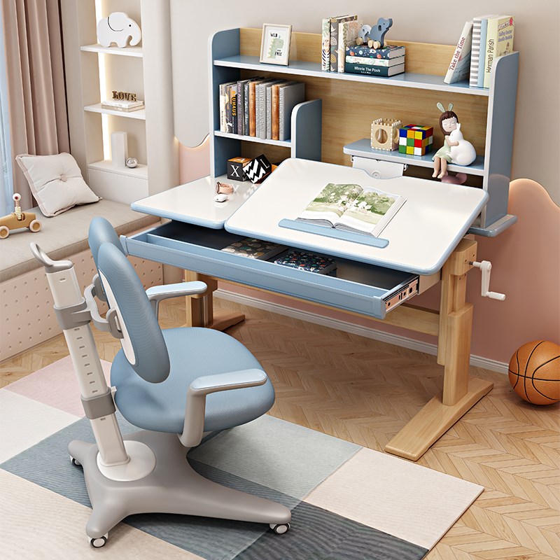 实木多功能儿童学习桌家用可手摇升降课桌椅简约中小学生写字桌子
