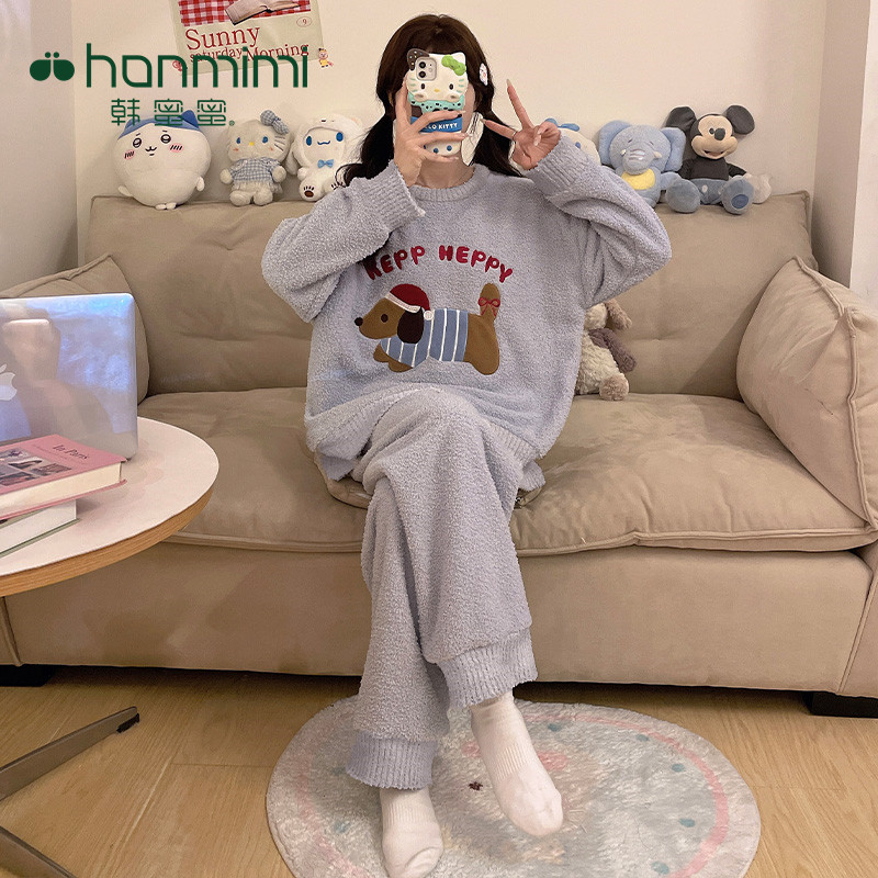 【韩蜜蜜】睡衣女宽松大码套装加绒半边绒冬天家居服可外穿K89347
