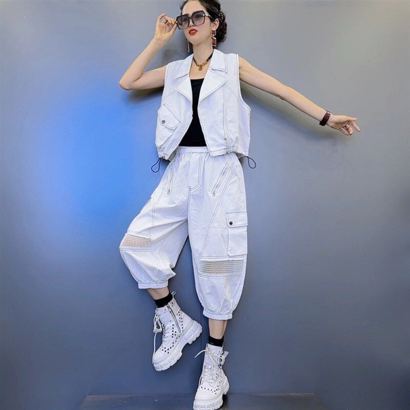 欧货休闲撞色线时尚马甲水洗短款洋派套装2025夏季七X分裤两件套