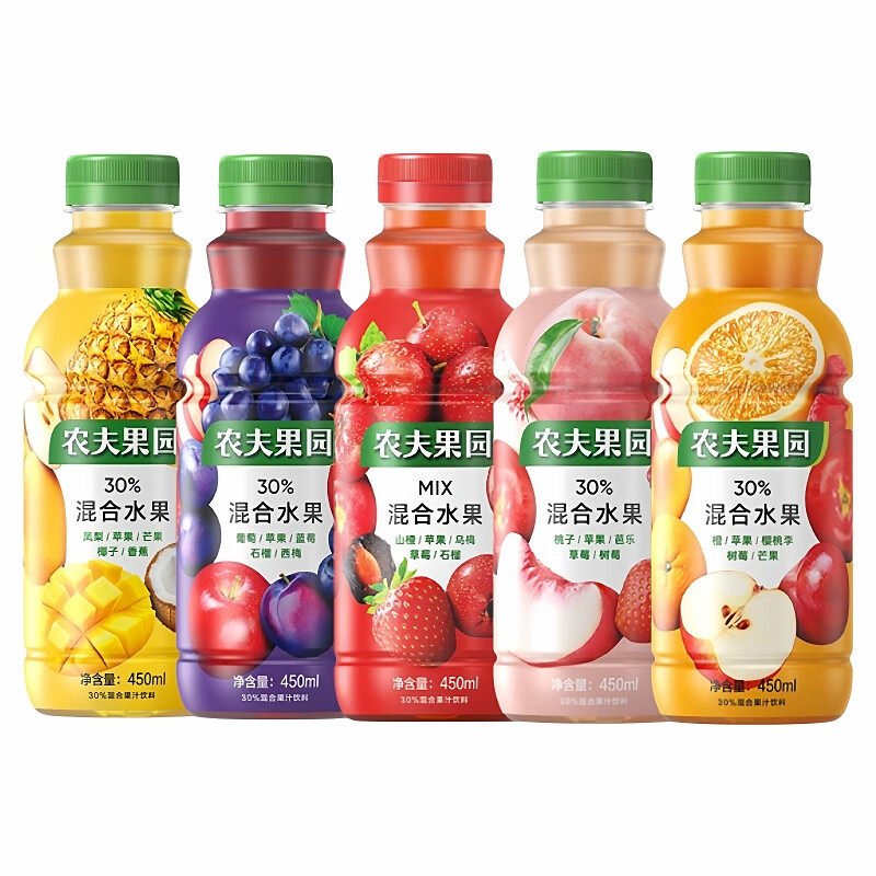 农夫山泉农夫果园30%混合水果450ml*10瓶桃子味凤梨菠萝橙汁饮料