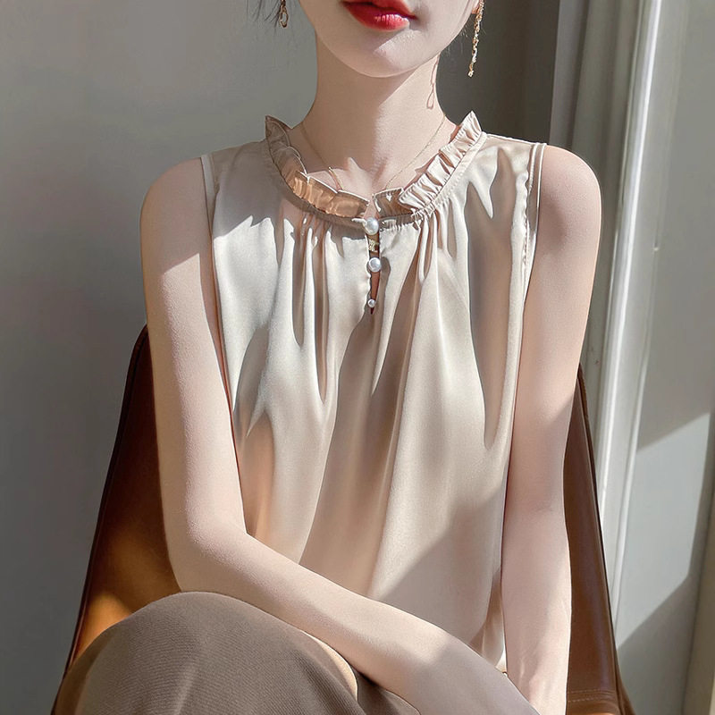 女装新款小香风衬衫花瓣领设计感缎面打底衬衣女宽松无袖内搭背心