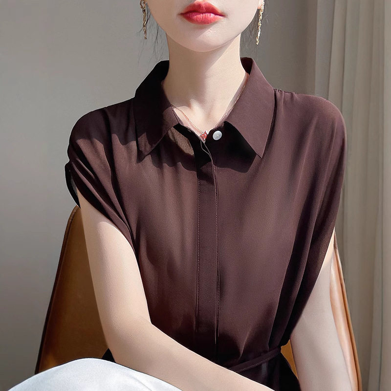 2025春季新款时尚POLO领衬衫女无袖薄款宽松衬衣领打底衫显瘦背心