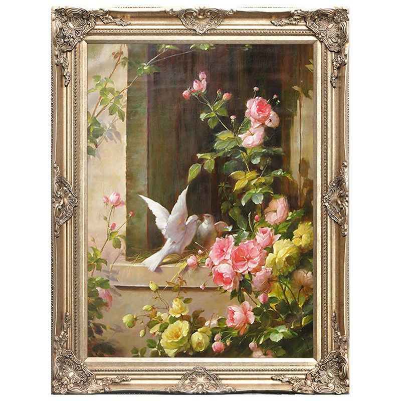 欧式手绘油画入户楼梯壁画现代酒店墙画样板房花卉装饰画比翼双飞图片
