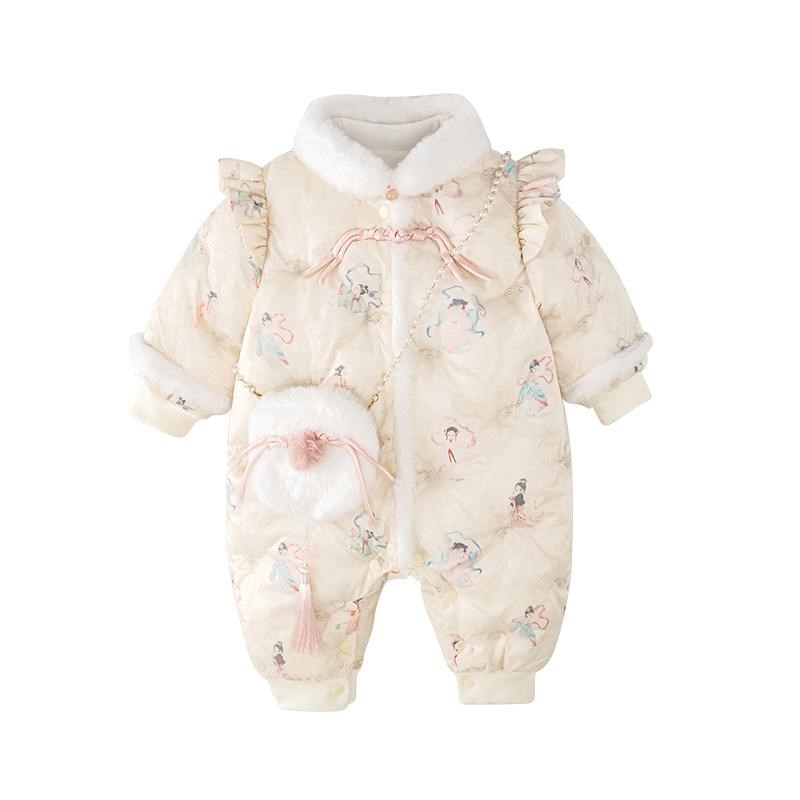 新生婴幼b儿冬季爬服女宝宝新中式a类连体衣加绒加厚超萌外出棉服