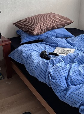 美式蓝色条纹藏蓝水p洗棉四件套全棉被套床单被罩1.8m床单