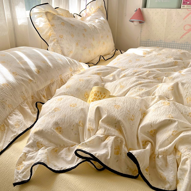 花边双层纱床上用品四件套全棉2B025新款床单被套罩宿舍三件套