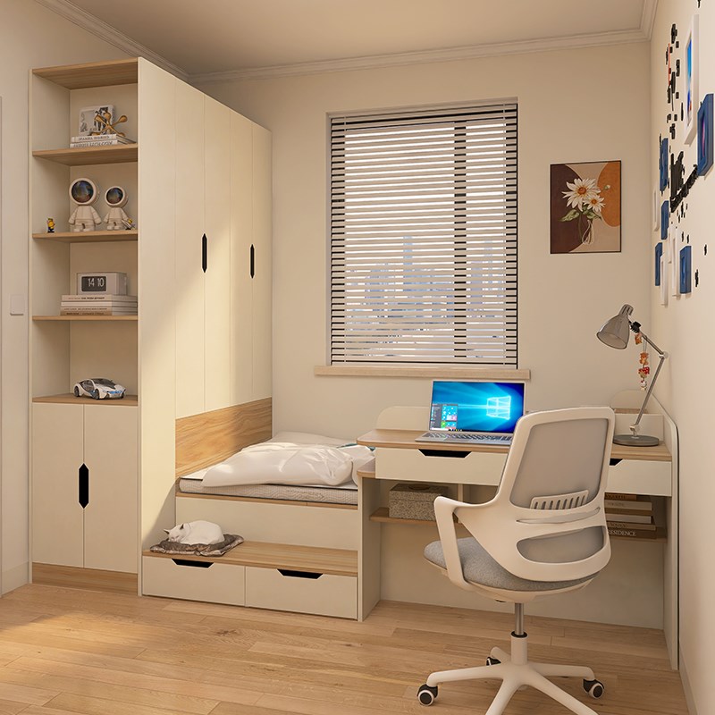 榻榻米床衣d柜一体小户型儿童房1米2床定制实木边柜地台书桌一体