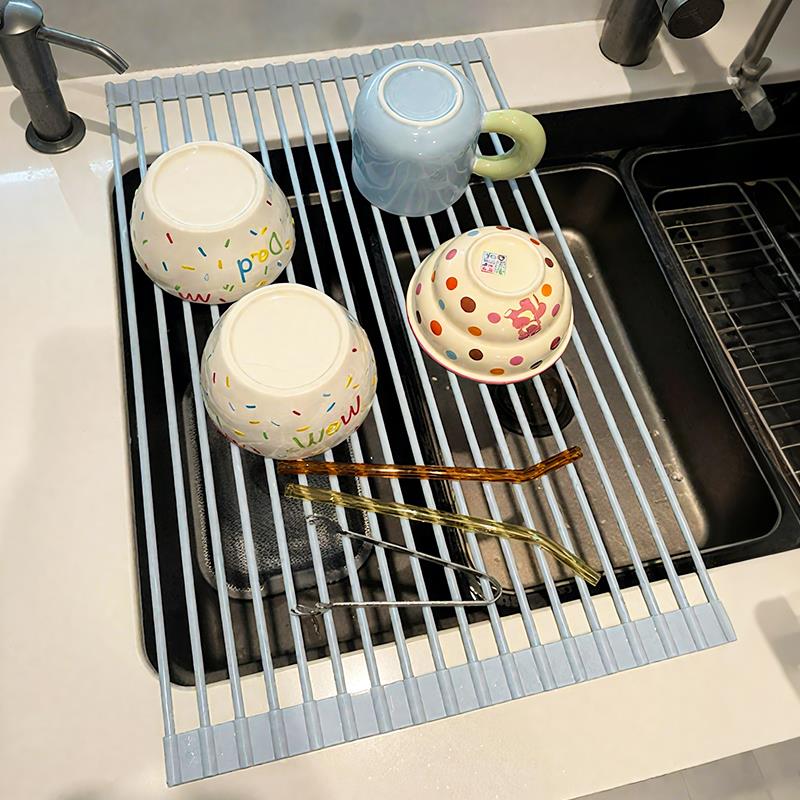 厨房沥水架水槽边洗碗池碗盘碟杯收纳水池台面置物卷帘硅胶折叠架